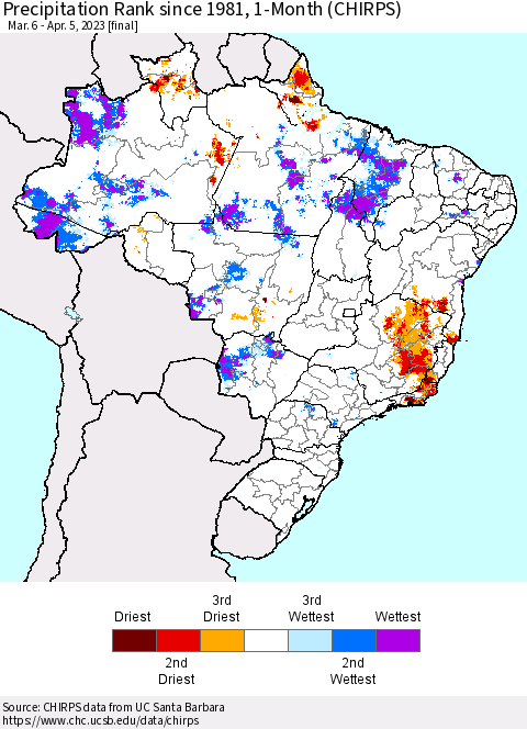 Brazil Precipitation Rank since 1981, 1-Month (CHIRPS) Thematic Map For 3/6/2023 - 4/5/2023