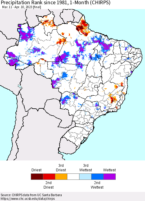 Brazil Precipitation Rank since 1981, 1-Month (CHIRPS) Thematic Map For 3/11/2023 - 4/10/2023