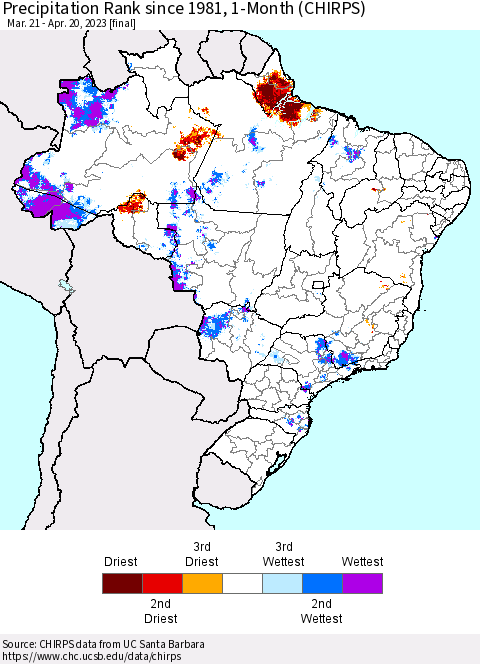 Brazil Precipitation Rank since 1981, 1-Month (CHIRPS) Thematic Map For 3/21/2023 - 4/20/2023