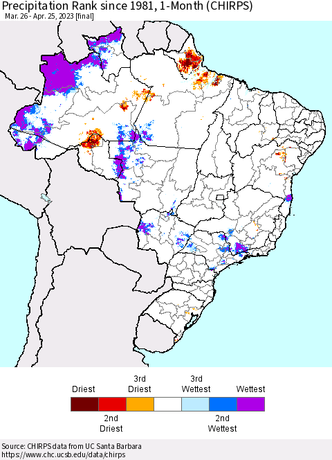 Brazil Precipitation Rank since 1981, 1-Month (CHIRPS) Thematic Map For 3/26/2023 - 4/25/2023