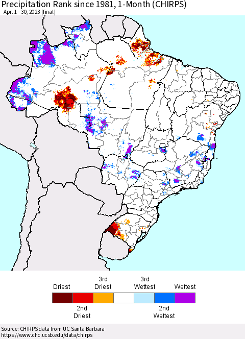 Brazil Precipitation Rank since 1981, 1-Month (CHIRPS) Thematic Map For 4/1/2023 - 4/30/2023