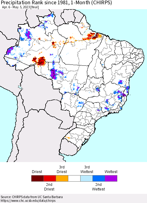 Brazil Precipitation Rank since 1981, 1-Month (CHIRPS) Thematic Map For 4/6/2023 - 5/5/2023