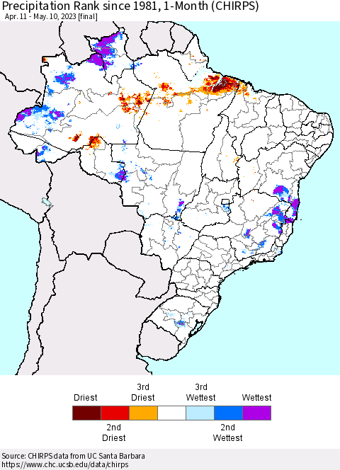 Brazil Precipitation Rank since 1981, 1-Month (CHIRPS) Thematic Map For 4/11/2023 - 5/10/2023