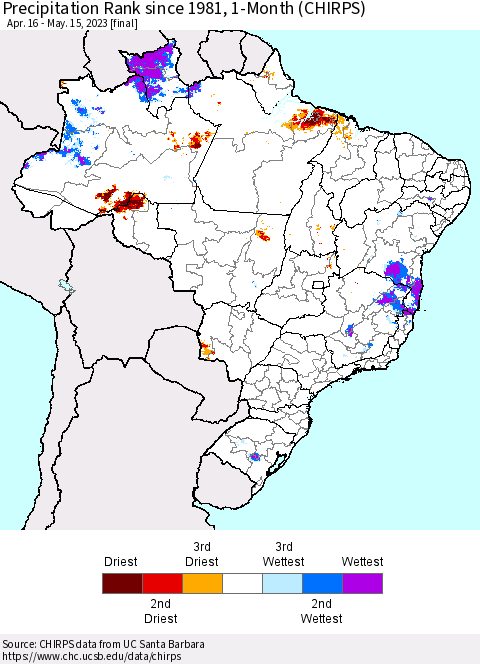 Brazil Precipitation Rank since 1981, 1-Month (CHIRPS) Thematic Map For 4/16/2023 - 5/15/2023