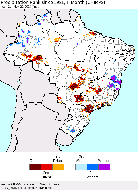 Brazil Precipitation Rank since 1981, 1-Month (CHIRPS) Thematic Map For 4/21/2023 - 5/20/2023
