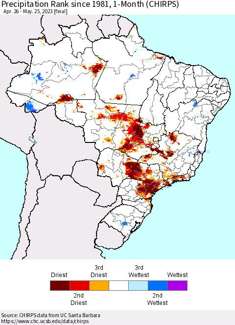 Brazil Precipitation Rank since 1981, 1-Month (CHIRPS) Thematic Map For 4/26/2023 - 5/25/2023