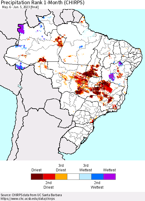 Brazil Precipitation Rank since 1981, 1-Month (CHIRPS) Thematic Map For 5/6/2023 - 6/5/2023