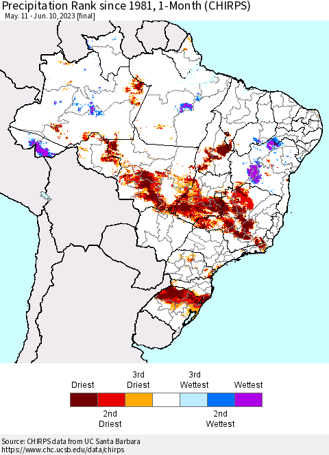 Brazil Precipitation Rank since 1981, 1-Month (CHIRPS) Thematic Map For 5/11/2023 - 6/10/2023
