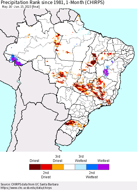 Brazil Precipitation Rank since 1981, 1-Month (CHIRPS) Thematic Map For 5/16/2023 - 6/15/2023