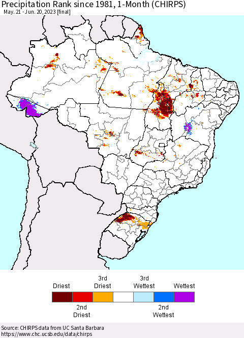 Brazil Precipitation Rank since 1981, 1-Month (CHIRPS) Thematic Map For 5/21/2023 - 6/20/2023