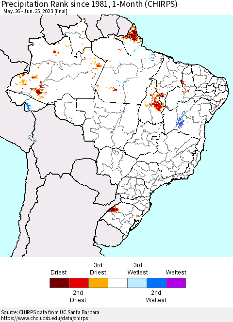 Brazil Precipitation Rank since 1981, 1-Month (CHIRPS) Thematic Map For 5/26/2023 - 6/25/2023