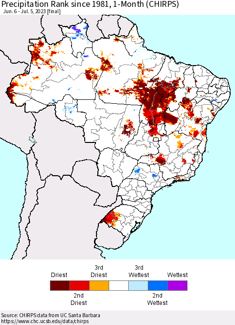 Brazil Precipitation Rank since 1981, 1-Month (CHIRPS) Thematic Map For 6/6/2023 - 7/5/2023