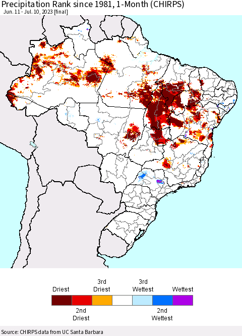 Brazil Precipitation Rank since 1981, 1-Month (CHIRPS) Thematic Map For 6/11/2023 - 7/10/2023
