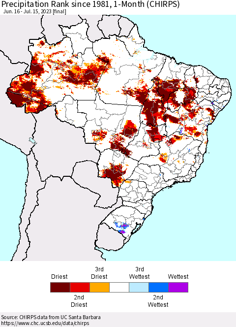 Brazil Precipitation Rank since 1981, 1-Month (CHIRPS) Thematic Map For 6/16/2023 - 7/15/2023