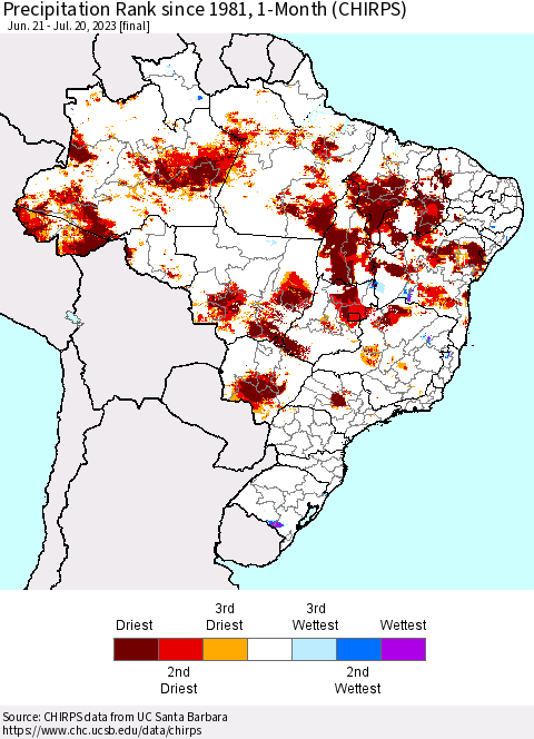 Brazil Precipitation Rank since 1981, 1-Month (CHIRPS) Thematic Map For 6/21/2023 - 7/20/2023