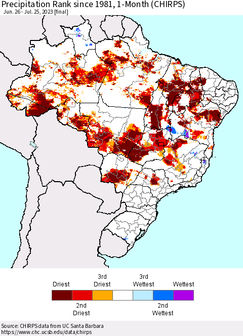 Brazil Precipitation Rank since 1981, 1-Month (CHIRPS) Thematic Map For 6/26/2023 - 7/25/2023