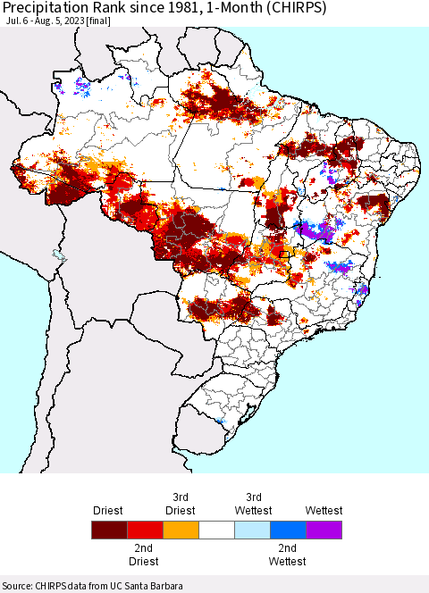 Brazil Precipitation Rank since 1981, 1-Month (CHIRPS) Thematic Map For 7/6/2023 - 8/5/2023
