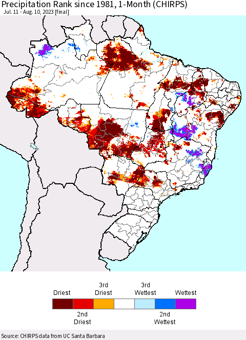 Brazil Precipitation Rank since 1981, 1-Month (CHIRPS) Thematic Map For 7/11/2023 - 8/10/2023
