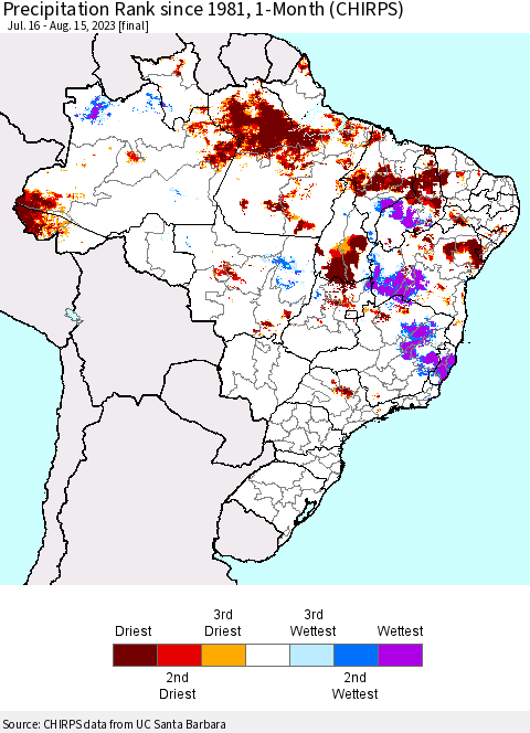 Brazil Precipitation Rank since 1981, 1-Month (CHIRPS) Thematic Map For 7/16/2023 - 8/15/2023