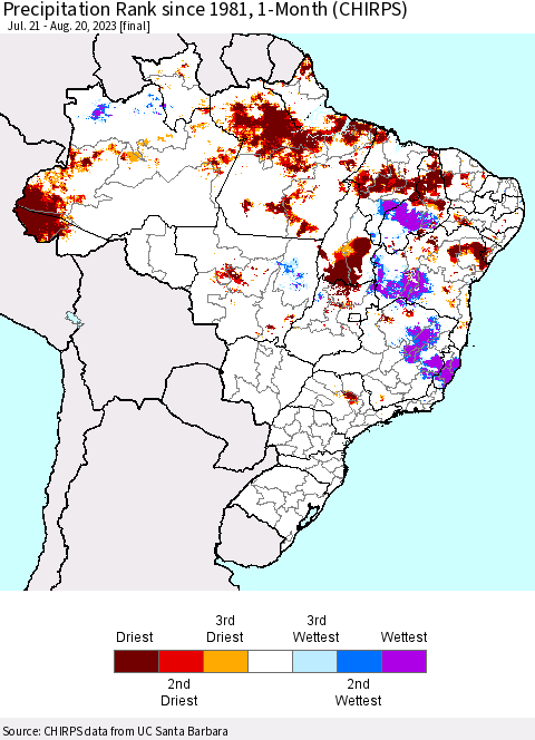 Brazil Precipitation Rank since 1981, 1-Month (CHIRPS) Thematic Map For 7/21/2023 - 8/20/2023