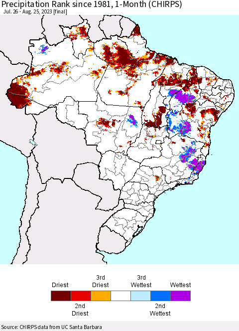 Brazil Precipitation Rank since 1981, 1-Month (CHIRPS) Thematic Map For 7/26/2023 - 8/25/2023