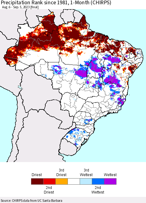 Brazil Precipitation Rank since 1981, 1-Month (CHIRPS) Thematic Map For 8/6/2023 - 9/5/2023