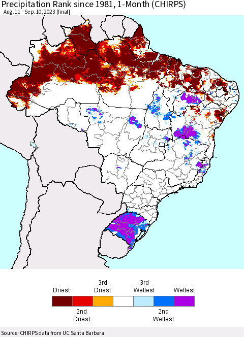 Brazil Precipitation Rank since 1981, 1-Month (CHIRPS) Thematic Map For 8/11/2023 - 9/10/2023