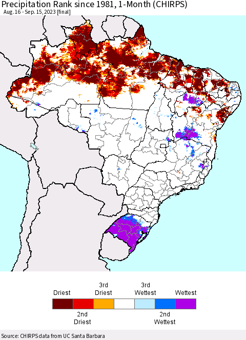 Brazil Precipitation Rank since 1981, 1-Month (CHIRPS) Thematic Map For 8/16/2023 - 9/15/2023
