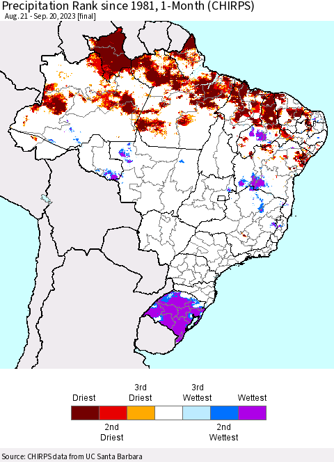 Brazil Precipitation Rank since 1981, 1-Month (CHIRPS) Thematic Map For 8/21/2023 - 9/20/2023