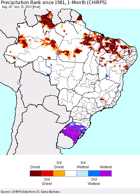 Brazil Precipitation Rank since 1981, 1-Month (CHIRPS) Thematic Map For 8/26/2023 - 9/25/2023