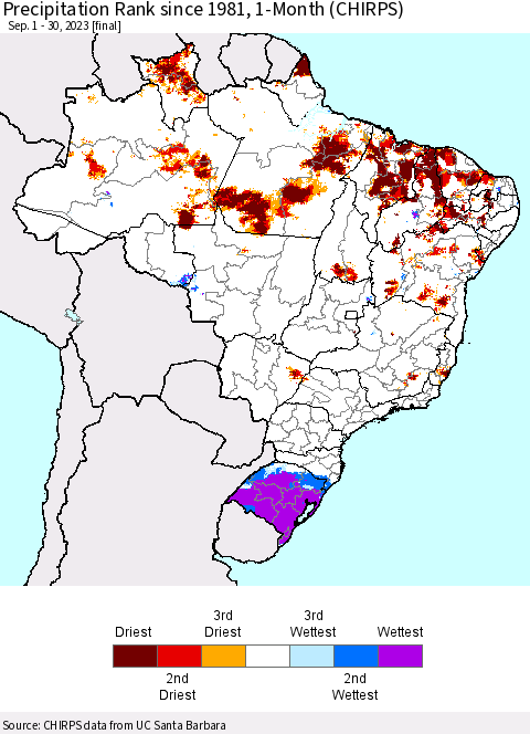 Brazil Precipitation Rank since 1981, 1-Month (CHIRPS) Thematic Map For 9/1/2023 - 9/30/2023