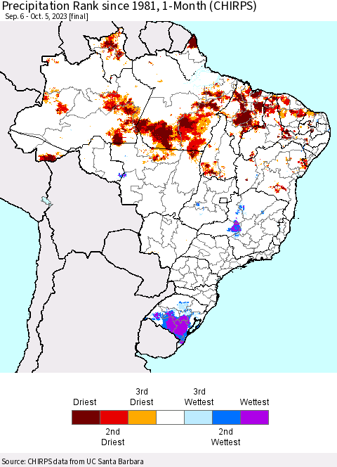 Brazil Precipitation Rank since 1981, 1-Month (CHIRPS) Thematic Map For 9/6/2023 - 10/5/2023