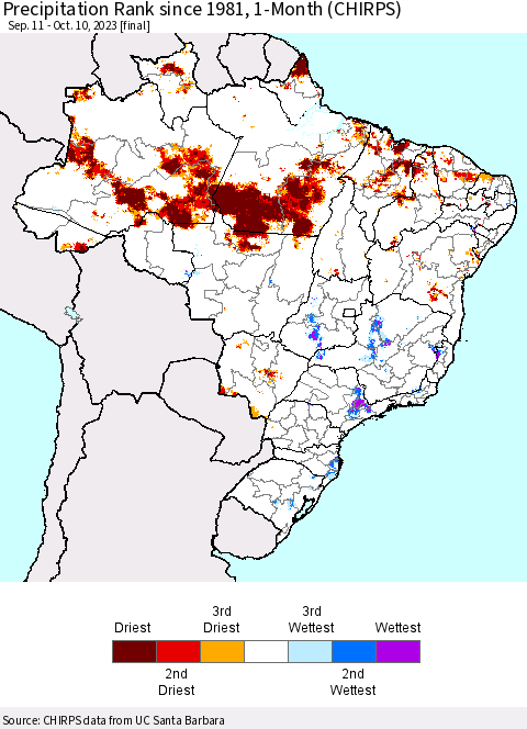 Brazil Precipitation Rank since 1981, 1-Month (CHIRPS) Thematic Map For 9/11/2023 - 10/10/2023