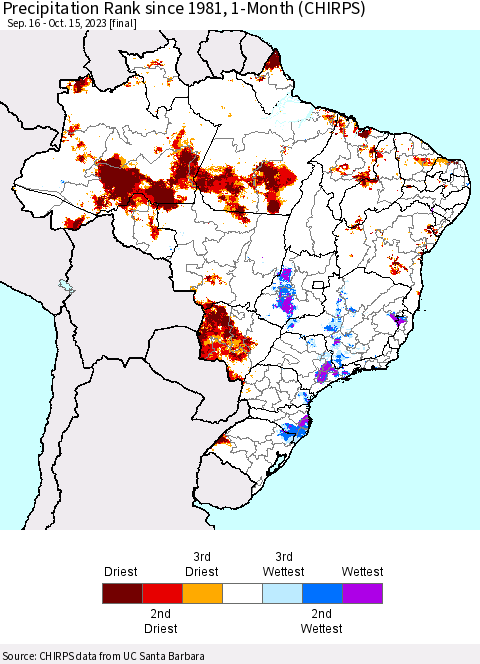 Brazil Precipitation Rank since 1981, 1-Month (CHIRPS) Thematic Map For 9/16/2023 - 10/15/2023