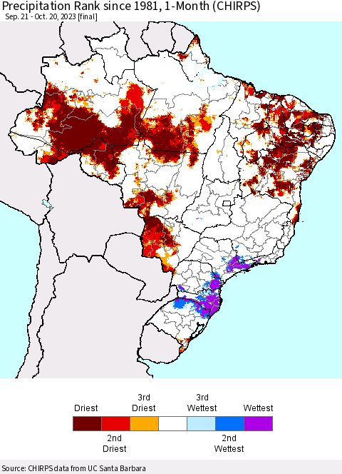 Brazil Precipitation Rank since 1981, 1-Month (CHIRPS) Thematic Map For 9/21/2023 - 10/20/2023