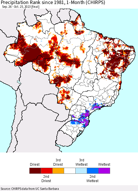 Brazil Precipitation Rank since 1981, 1-Month (CHIRPS) Thematic Map For 9/26/2023 - 10/25/2023