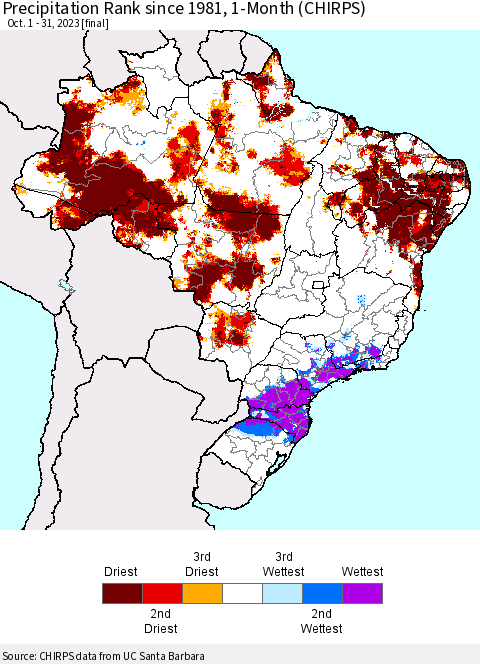 Brazil Precipitation Rank since 1981, 1-Month (CHIRPS) Thematic Map For 10/1/2023 - 10/31/2023
