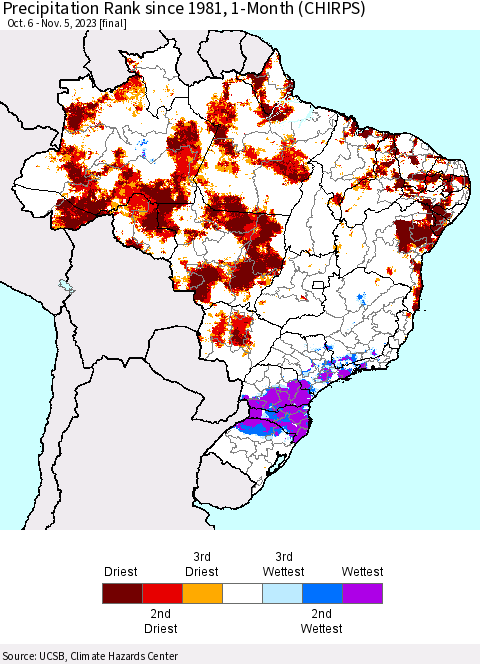Brazil Precipitation Rank since 1981, 1-Month (CHIRPS) Thematic Map For 10/6/2023 - 11/5/2023