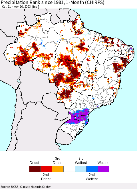 Brazil Precipitation Rank since 1981, 1-Month (CHIRPS) Thematic Map For 10/11/2023 - 11/10/2023