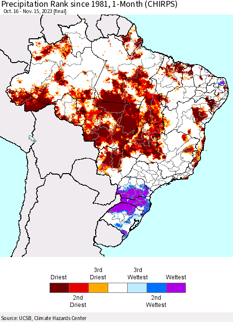 Brazil Precipitation Rank since 1981, 1-Month (CHIRPS) Thematic Map For 10/16/2023 - 11/15/2023