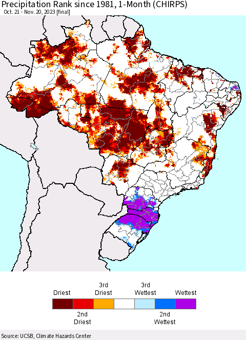 Brazil Precipitation Rank since 1981, 1-Month (CHIRPS) Thematic Map For 10/21/2023 - 11/20/2023