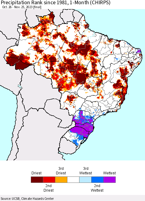 Brazil Precipitation Rank since 1981, 1-Month (CHIRPS) Thematic Map For 10/26/2023 - 11/25/2023