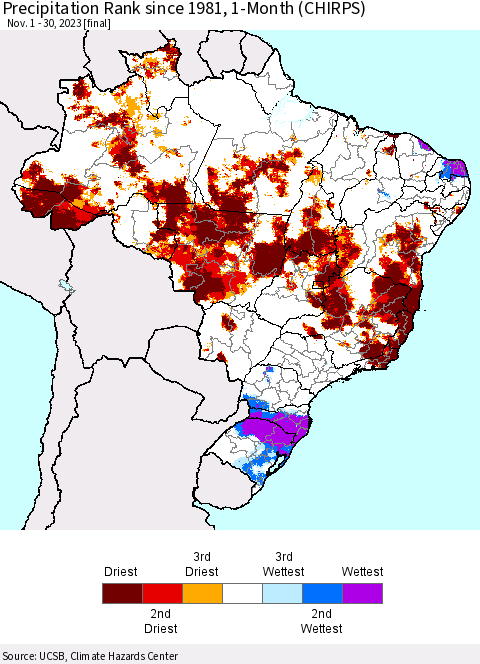Brazil Precipitation Rank since 1981, 1-Month (CHIRPS) Thematic Map For 11/1/2023 - 11/30/2023