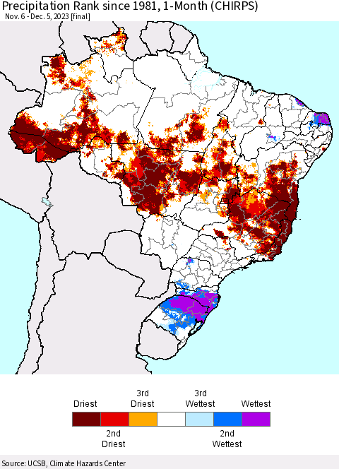 Brazil Precipitation Rank since 1981, 1-Month (CHIRPS) Thematic Map For 11/6/2023 - 12/5/2023