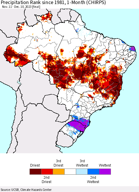 Brazil Precipitation Rank since 1981, 1-Month (CHIRPS) Thematic Map For 11/11/2023 - 12/10/2023