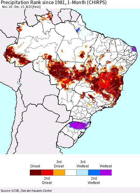 Brazil Precipitation Rank since 1981, 1-Month (CHIRPS) Thematic Map For 11/16/2023 - 12/15/2023