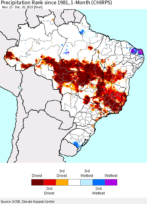 Brazil Precipitation Rank since 1981, 1-Month (CHIRPS) Thematic Map For 11/21/2023 - 12/20/2023