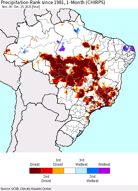 Brazil Precipitation Rank since 1981, 1-Month (CHIRPS) Thematic Map For 11/26/2023 - 12/25/2023