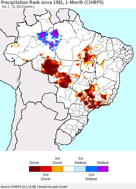 Brazil Precipitation Rank since 1981, 1-Month (CHIRPS) Thematic Map For 12/1/2023 - 12/31/2023