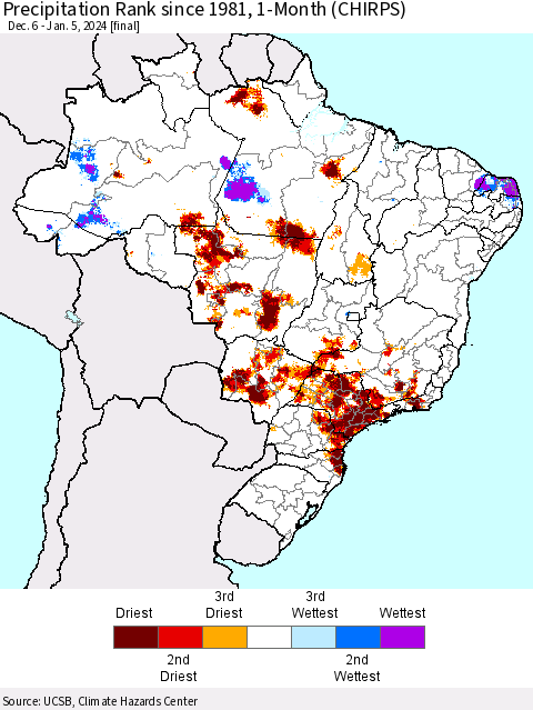 Brazil Precipitation Rank since 1981, 1-Month (CHIRPS) Thematic Map For 12/6/2023 - 1/5/2024
